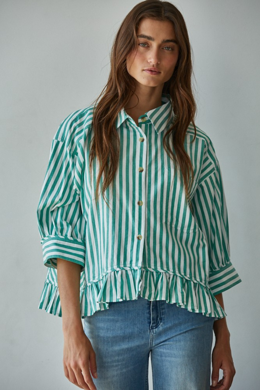 Striped Button Down Top with Ruffle Hem
