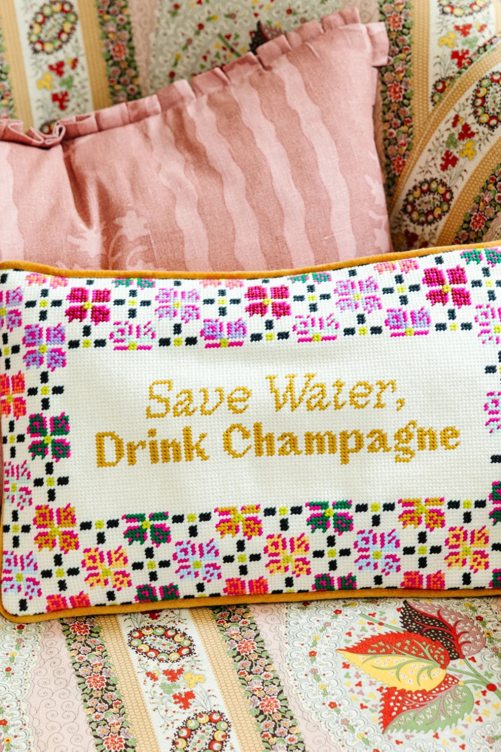 Drink Champagne Needlepoint Pillow