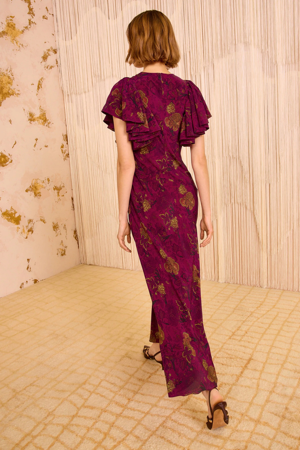 Mariam Silk Bias Cut Flutter Sleeve Dress