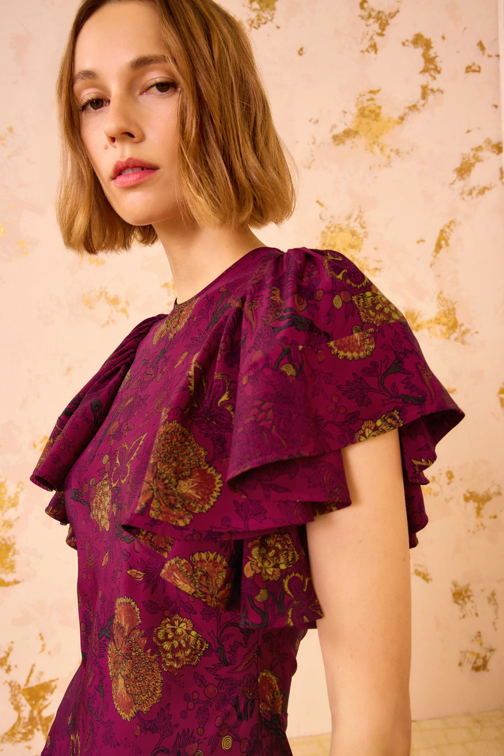 Mariam Silk Bias Cut Flutter Sleeve Dress