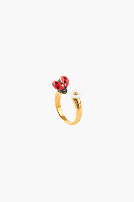 Ladybug & White Flower Face To Face Ring