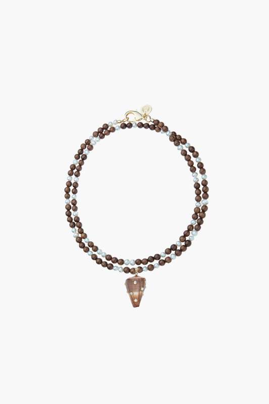 STRONG Decked Out Shell Pendant with Wood and Pearl Double Wrap Necklace